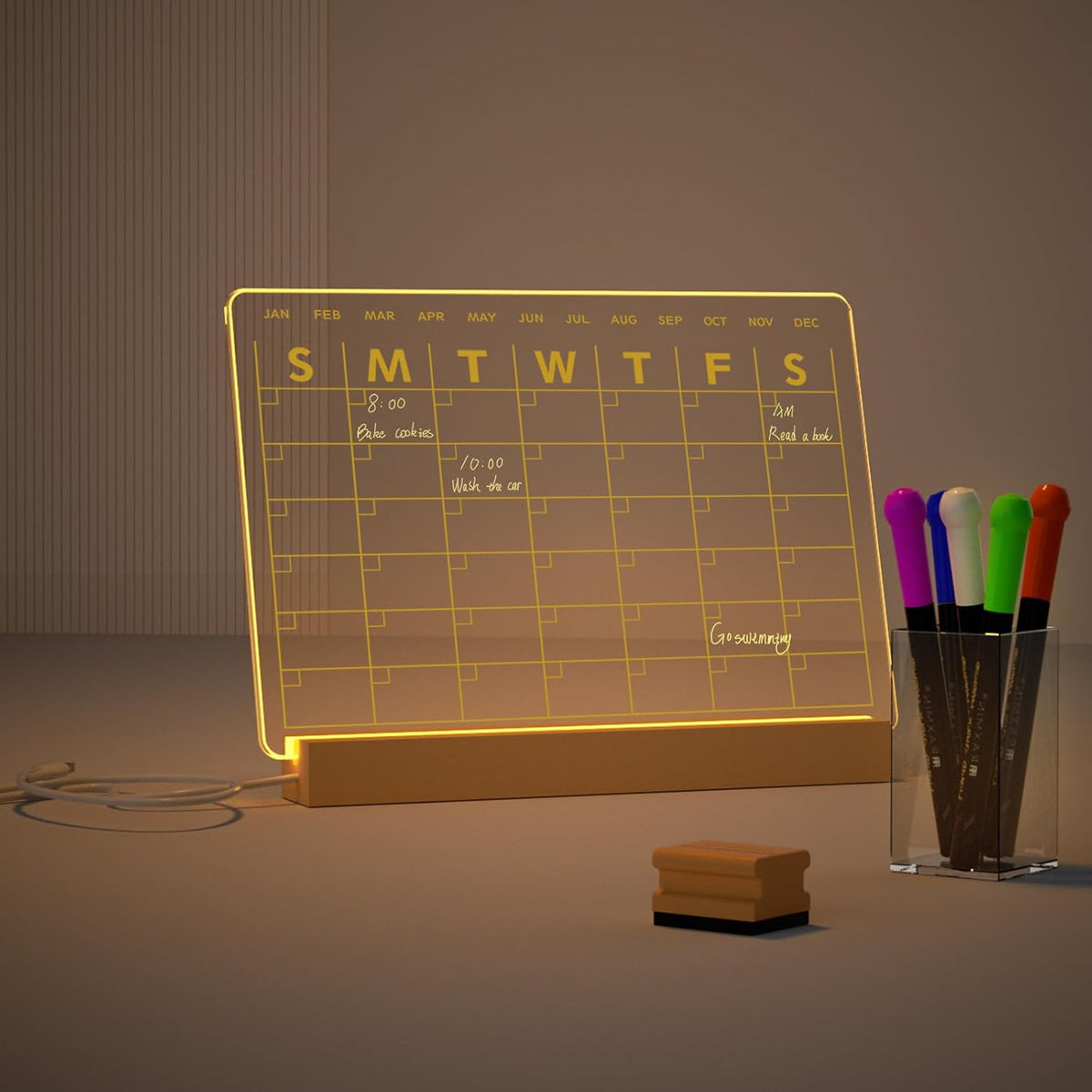 Light Up Clear Dry Drase Board 13 x 9 inch with 5 Markers, Acrylic Lighting Message Memo Note Board for Home/Office/Kitchen/Bedroom