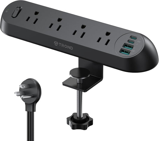 TROND Desk Clamp Power Strip USB C PD 20W, Flat Plug 6ft, 1700J, ETL Listed