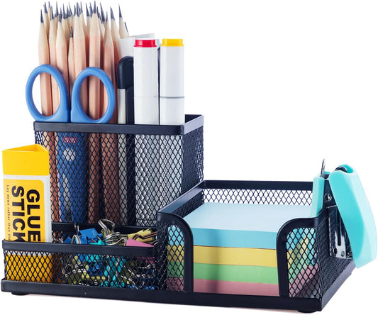 Mesh Pen Holder Desk Organizers Pencil Holder for Desk Black, 3 Compartments Metal Office Supply Organizer with Sticky Notes Holder for School Home Office