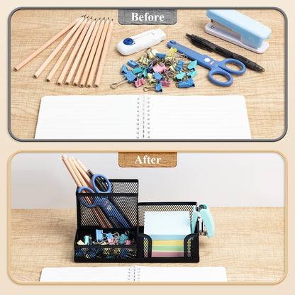 Mesh Pen Holder Desk Organizers Pencil Holder for Desk Black, 3 Compartments Metal Office Supply Organizer with Sticky Notes Holder for School Home Office