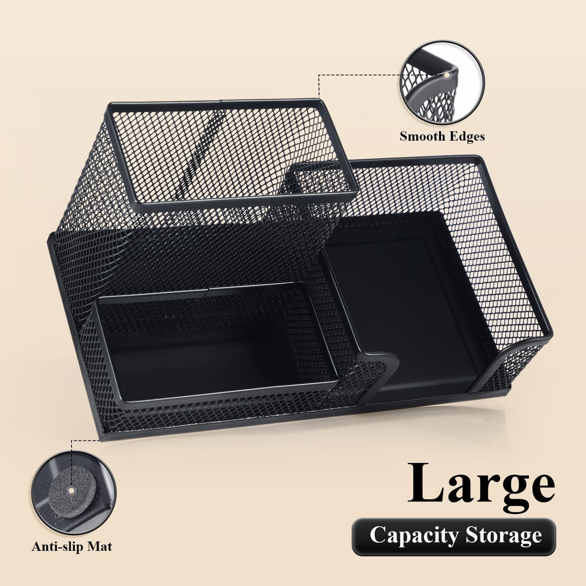 Mesh Pen Holder Desk Organizers Pencil Holder for Desk Black, 3 Compartments Metal Office Supply Organizer with Sticky Notes Holder for School Home Office