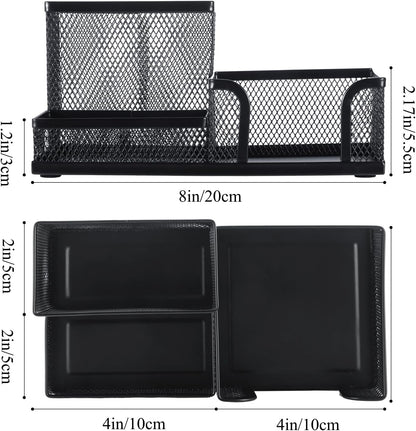 Mesh Pen Holder Desk Organizers Pencil Holder for Desk Black, 3 Compartments Metal Office Supply Organizer with Sticky Notes Holder for School Home Office