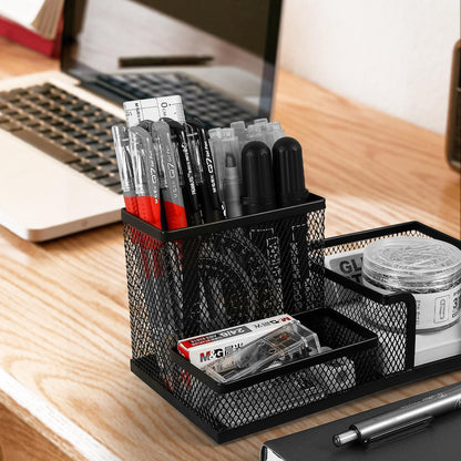Mesh Pen Holder Desk Organizers Pencil Holder for Desk Black, 3 Compartments Metal Office Supply Organizer with Sticky Notes Holder for School Home Office