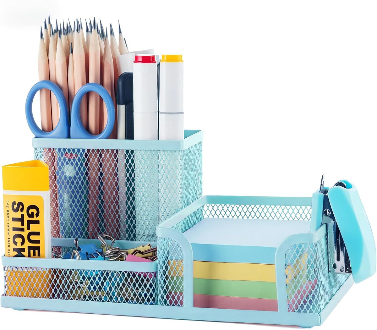 Mesh Pen Holder Desk Organizers Pencil Holder for Desk Black, 3 Compartments Metal Office Supply Organizer with Sticky Notes Holder for School Home Office
