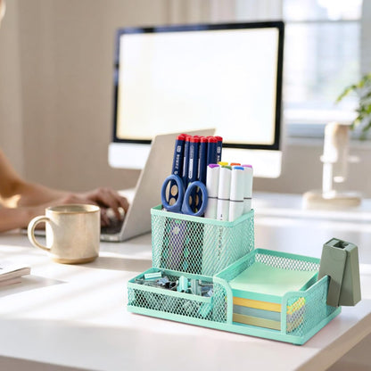 Mesh Pen Holder Desk Organizers Pencil Holder for Desk Black, 3 Compartments Metal Office Supply Organizer with Sticky Notes Holder for School Home Office