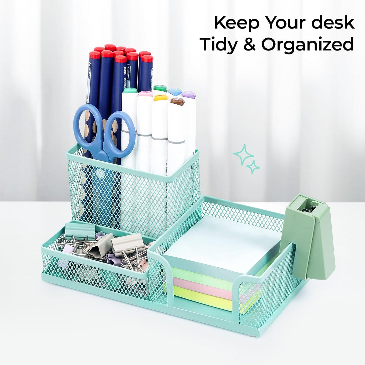 Mesh Pen Holder Desk Organizers Pencil Holder for Desk Black, 3 Compartments Metal Office Supply Organizer with Sticky Notes Holder for School Home Office