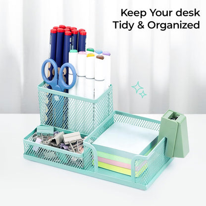 Mesh Pen Holder Desk Organizers Pencil Holder for Desk Black, 3 Compartments Metal Office Supply Organizer with Sticky Notes Holder for School Home Office