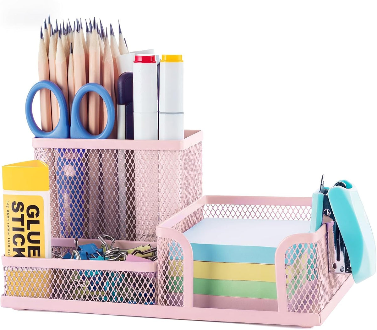 Mesh Pen Holder Desk Organizers Pencil Holder for Desk Black, 3 Compartments Metal Office Supply Organizer with Sticky Notes Holder for School Home Office