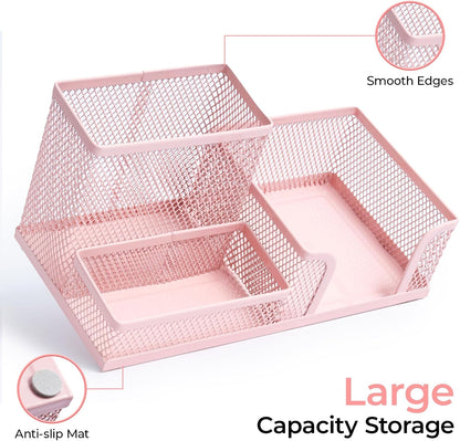 Mesh Pen Holder Desk Organizers Pencil Holder for Desk Black, 3 Compartments Metal Office Supply Organizer with Sticky Notes Holder for School Home Office