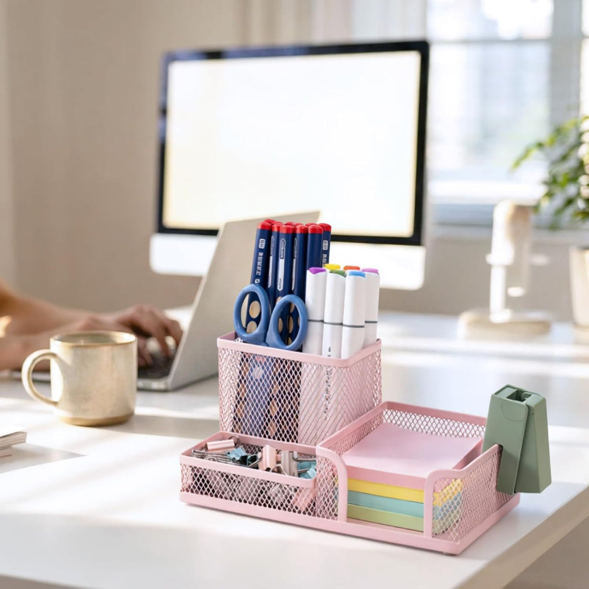 Mesh Pen Holder Desk Organizers Pencil Holder for Desk Black, 3 Compartments Metal Office Supply Organizer with Sticky Notes Holder for School Home Office