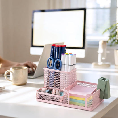 Mesh Pen Holder Desk Organizers Pencil Holder for Desk Black, 3 Compartments Metal Office Supply Organizer with Sticky Notes Holder for School Home Office