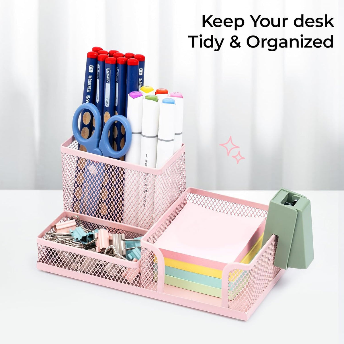 Mesh Pen Holder Desk Organizers Pencil Holder for Desk Black, 3 Compartments Metal Office Supply Organizer with Sticky Notes Holder for School Home Office