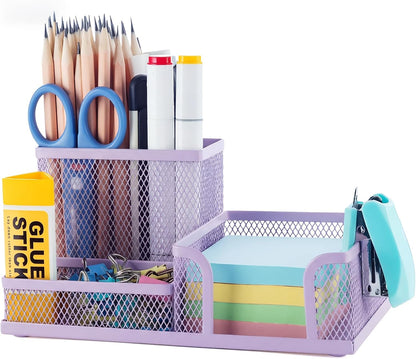 Mesh Pen Holder Desk Organizers Pencil Holder for Desk Black, 3 Compartments Metal Office Supply Organizer with Sticky Notes Holder for School Home Office