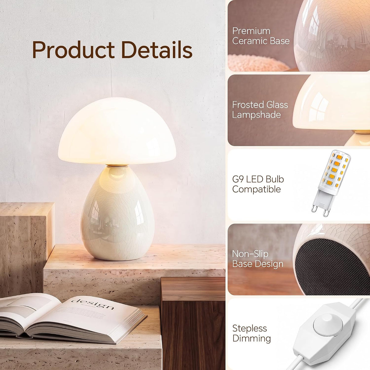 Mushroom Lamp Table Lamp for Bedroom-Small Desk Table Lamps,Orange