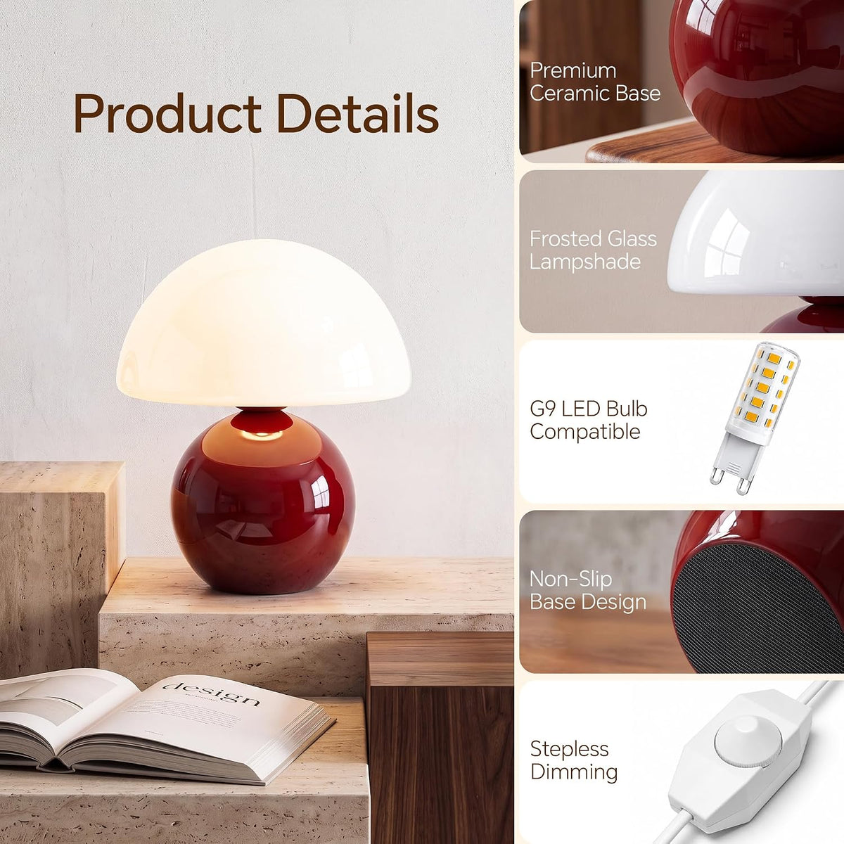 Mushroom Lamp Table Lamp for Bedroom-Small Desk Table Lamps,Orange