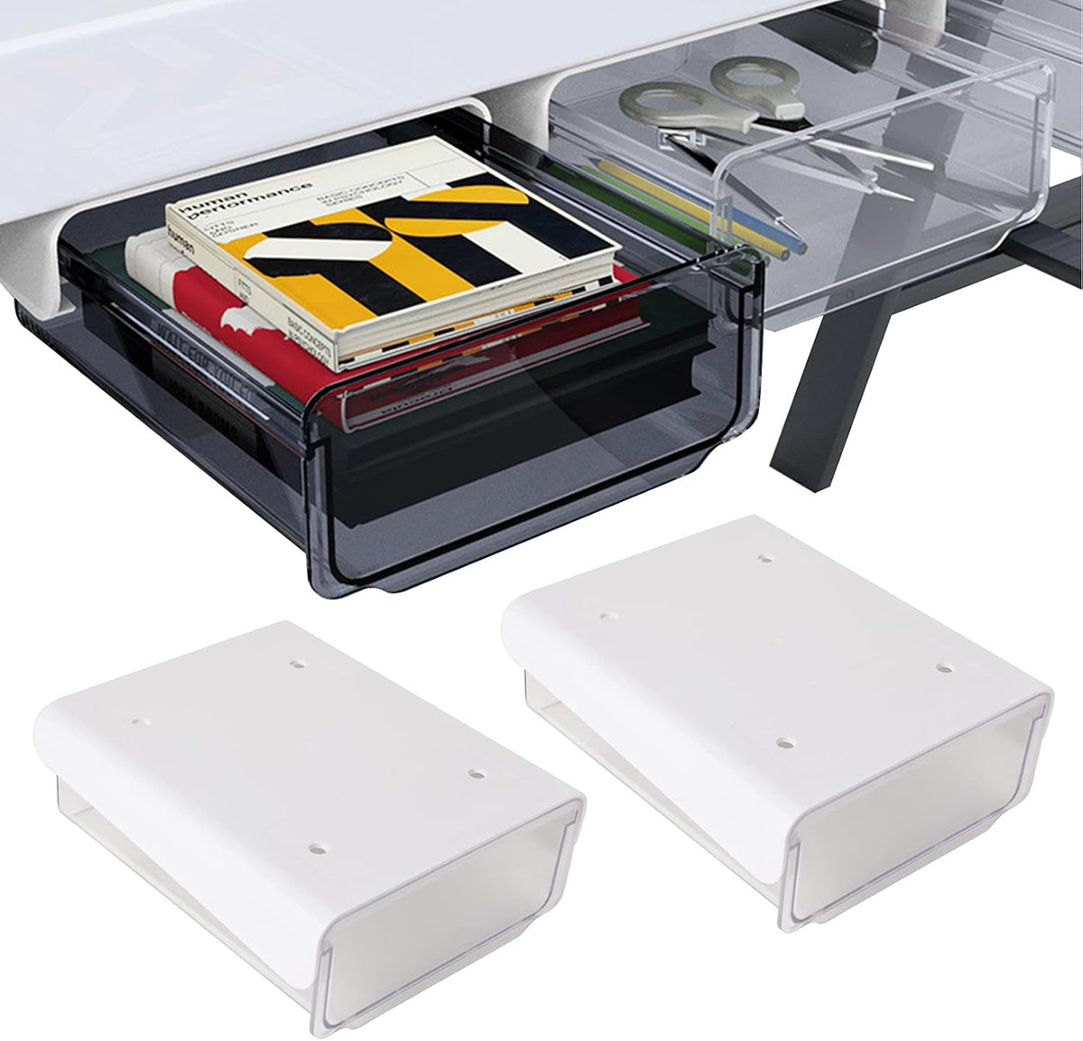 Self-adhesive Under Desk Drawer, 2 Packs Table Hidden Organizer Slide Out Large Storage Desktop Pencil Tray for Office Home School Kitchen (White), Matte White
