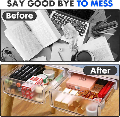Self-adhesive Under Desk Drawer, 2 Packs Table Hidden Organizer Slide Out Large Storage Desktop Pencil Tray for Office Home School Kitchen (White), Matte White