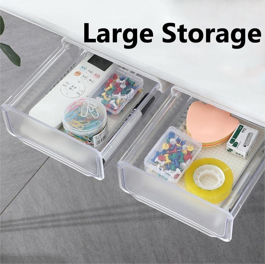 Self-adhesive Under Desk Drawer, 2 Packs Table Hidden Organizer Slide Out Large Storage Desktop Pencil Tray for Office Home School Kitchen (White), Matte White