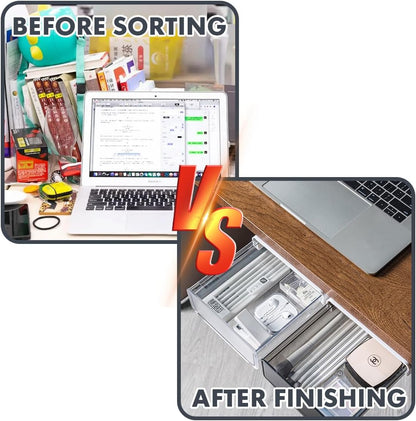 Self-adhesive Under Desk Drawer, 2 Packs Table Hidden Organizer Slide Out Large Storage Desktop Pencil Tray for Office Home School Kitchen (White), Matte White