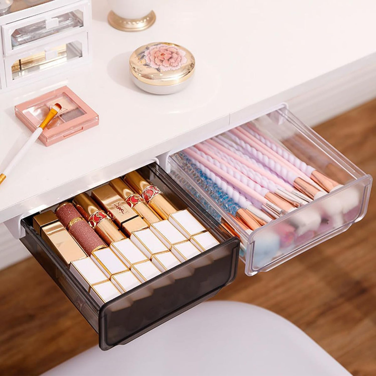 Self-adhesive Under Desk Drawer, 2 Packs Table Hidden Organizer Slide Out Large Storage Desktop Pencil Tray for Office Home School Kitchen (White), Matte White