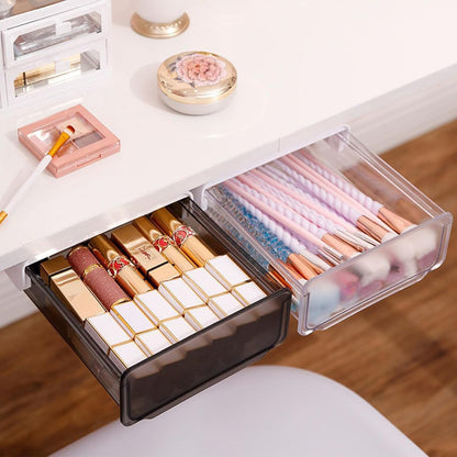Self-adhesive Under Desk Drawer, 2 Packs Table Hidden Organizer Slide Out Large Storage Desktop Pencil Tray for Office Home School Kitchen (White), Matte White