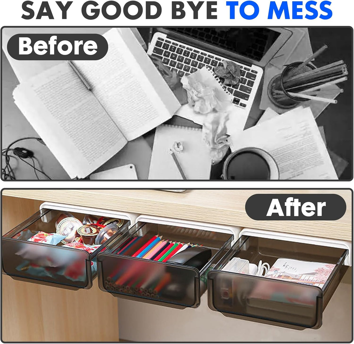 Self-adhesive Under Desk Drawer, 2 Packs Table Hidden Organizer Slide Out Large Storage Desktop Pencil Tray for Office Home School Kitchen (White), Matte White