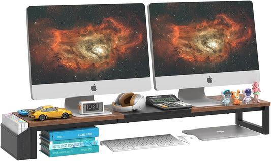 Dual Monitor Stand Riser,41.5'' Long Monitor Stand for 2 Monitors, Wood Computer Riser with Pocket, Desktop Oraganizer with Pen Holder, Monitor Riser for Desk Computer,Laptop,TV, Rustic Brown