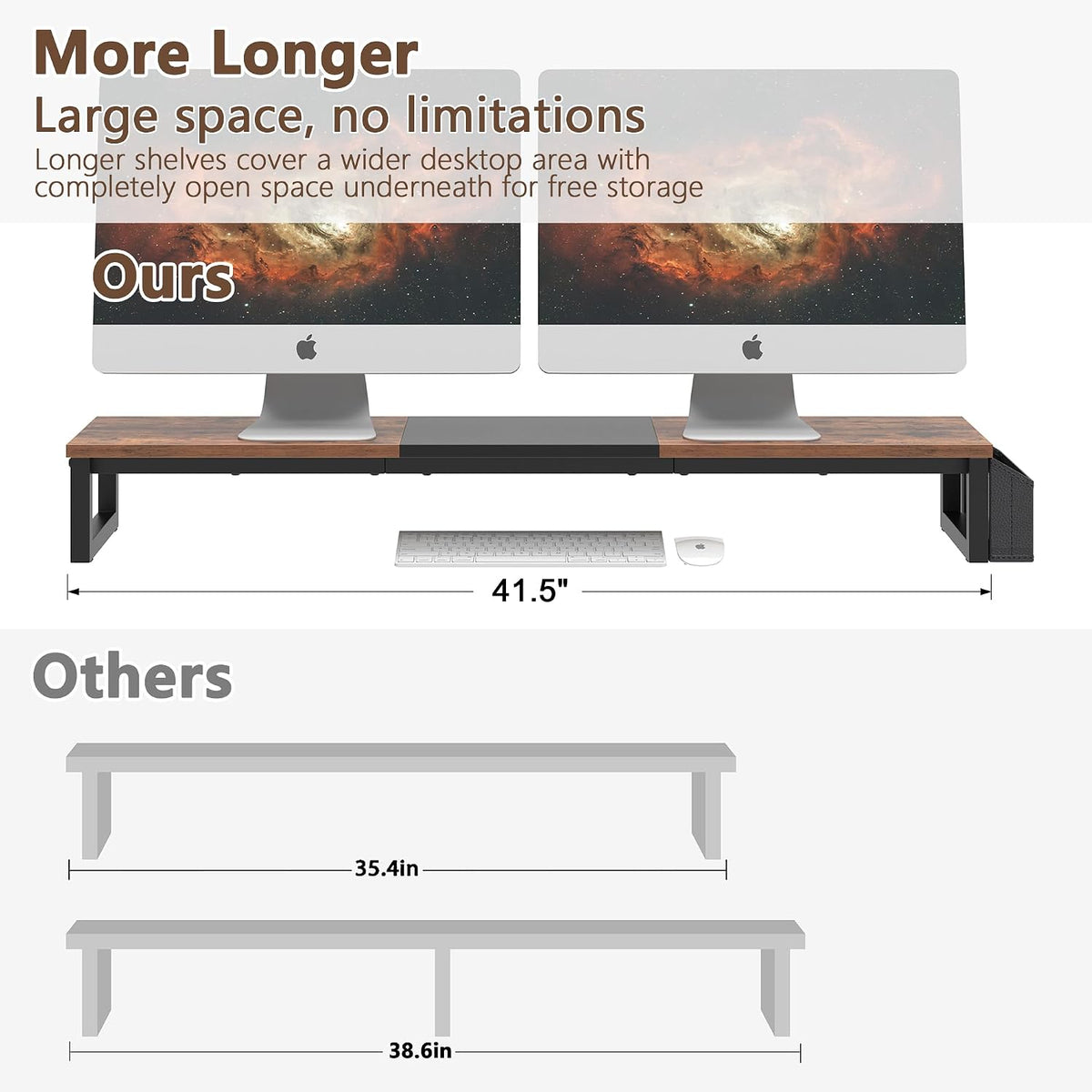 Dual Monitor Stand Riser,41.5'' Long Monitor Stand for 2 Monitors, Wood Computer Riser with Pocket, Desktop Oraganizer with Pen Holder, Monitor Riser for Desk Computer,Laptop,TV, Rustic Brown