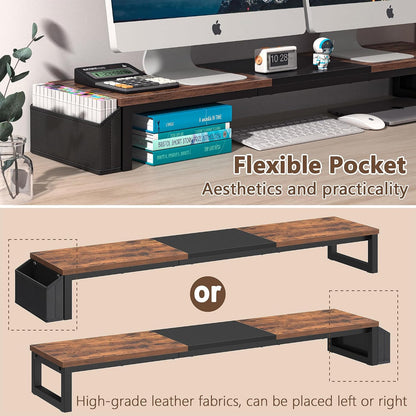 Dual Monitor Stand Riser,41.5'' Long Monitor Stand for 2 Monitors, Wood Computer Riser with Pocket, Desktop Oraganizer with Pen Holder, Monitor Riser for Desk Computer,Laptop,TV, Rustic Brown