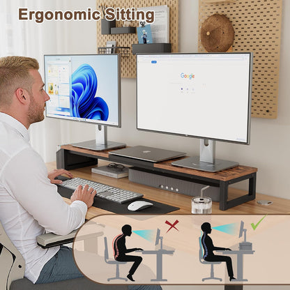 Dual Monitor Stand Riser,41.5'' Long Monitor Stand for 2 Monitors, Wood Computer Riser with Pocket, Desktop Oraganizer with Pen Holder, Monitor Riser for Desk Computer,Laptop,TV, Rustic Brown