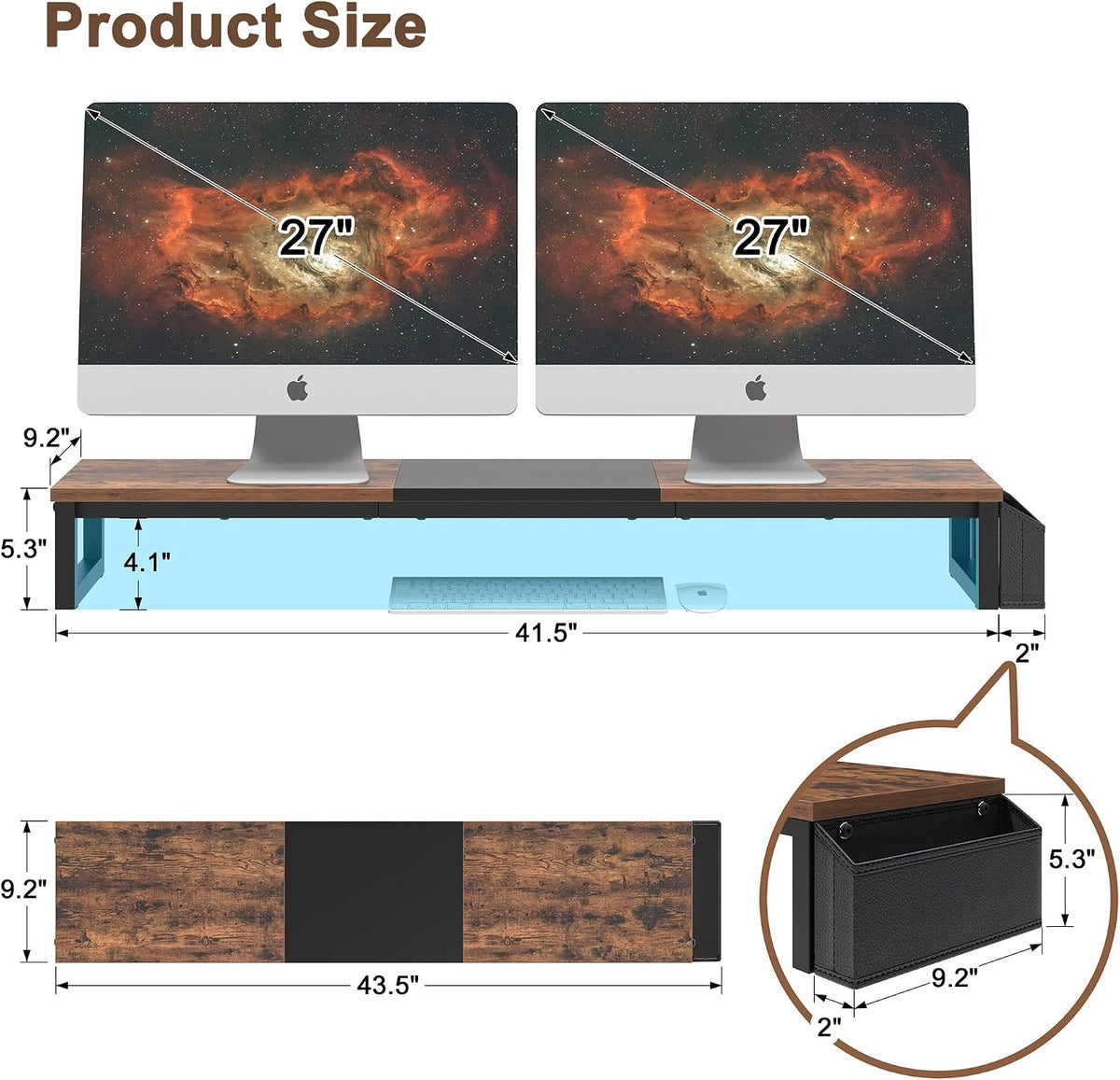Dual Monitor Stand Riser,41.5'' Long Monitor Stand for 2 Monitors, Wood Computer Riser with Pocket, Desktop Oraganizer with Pen Holder, Monitor Riser for Desk Computer,Laptop,TV, Rustic Brown