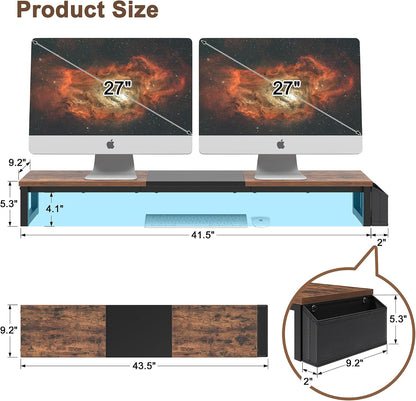 Dual Monitor Stand Riser,41.5'' Long Monitor Stand for 2 Monitors, Wood Computer Riser with Pocket, Desktop Oraganizer with Pen Holder, Monitor Riser for Desk Computer,Laptop,TV, Rustic Brown