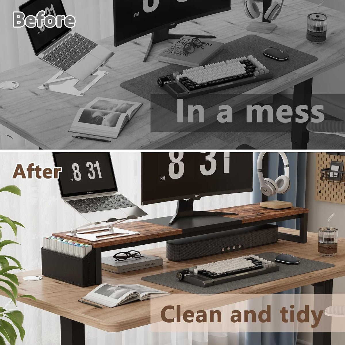 Dual Monitor Stand Riser,41.5'' Long Monitor Stand for 2 Monitors, Wood Computer Riser with Pocket, Desktop Oraganizer with Pen Holder, Monitor Riser for Desk Computer,Laptop,TV, Rustic Brown