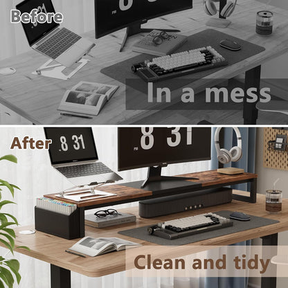 Dual Monitor Stand Riser,41.5'' Long Monitor Stand for 2 Monitors, Wood Computer Riser with Pocket, Desktop Oraganizer with Pen Holder, Monitor Riser for Desk Computer,Laptop,TV, Rustic Brown