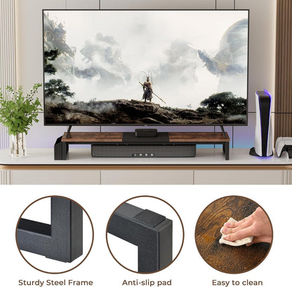 Dual Monitor Stand Riser,41.5'' Long Monitor Stand for 2 Monitors, Wood Computer Riser with Pocket, Desktop Oraganizer with Pen Holder, Monitor Riser for Desk Computer,Laptop,TV, Rustic Brown