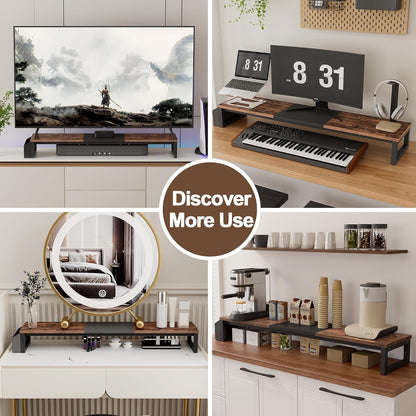 Dual Monitor Stand Riser,41.5'' Long Monitor Stand for 2 Monitors, Wood Computer Riser with Pocket, Desktop Oraganizer with Pen Holder, Monitor Riser for Desk Computer,Laptop,TV, Rustic Brown