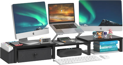 Dual Monitor Stand Riser,41.5'' Long Monitor Stand for 2 Monitors, Wood Computer Riser with Pocket, Desktop Oraganizer with Pen Holder, Monitor Riser for Desk Computer,Laptop,TV, Rustic Brown