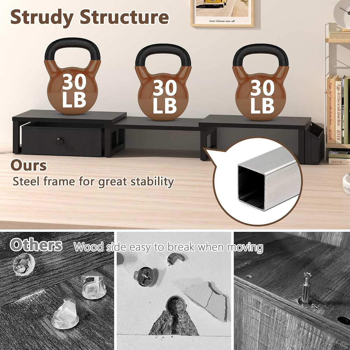 Dual Monitor Stand Riser,41.5'' Long Monitor Stand for 2 Monitors, Wood Computer Riser with Pocket, Desktop Oraganizer with Pen Holder, Monitor Riser for Desk Computer,Laptop,TV, Rustic Brown