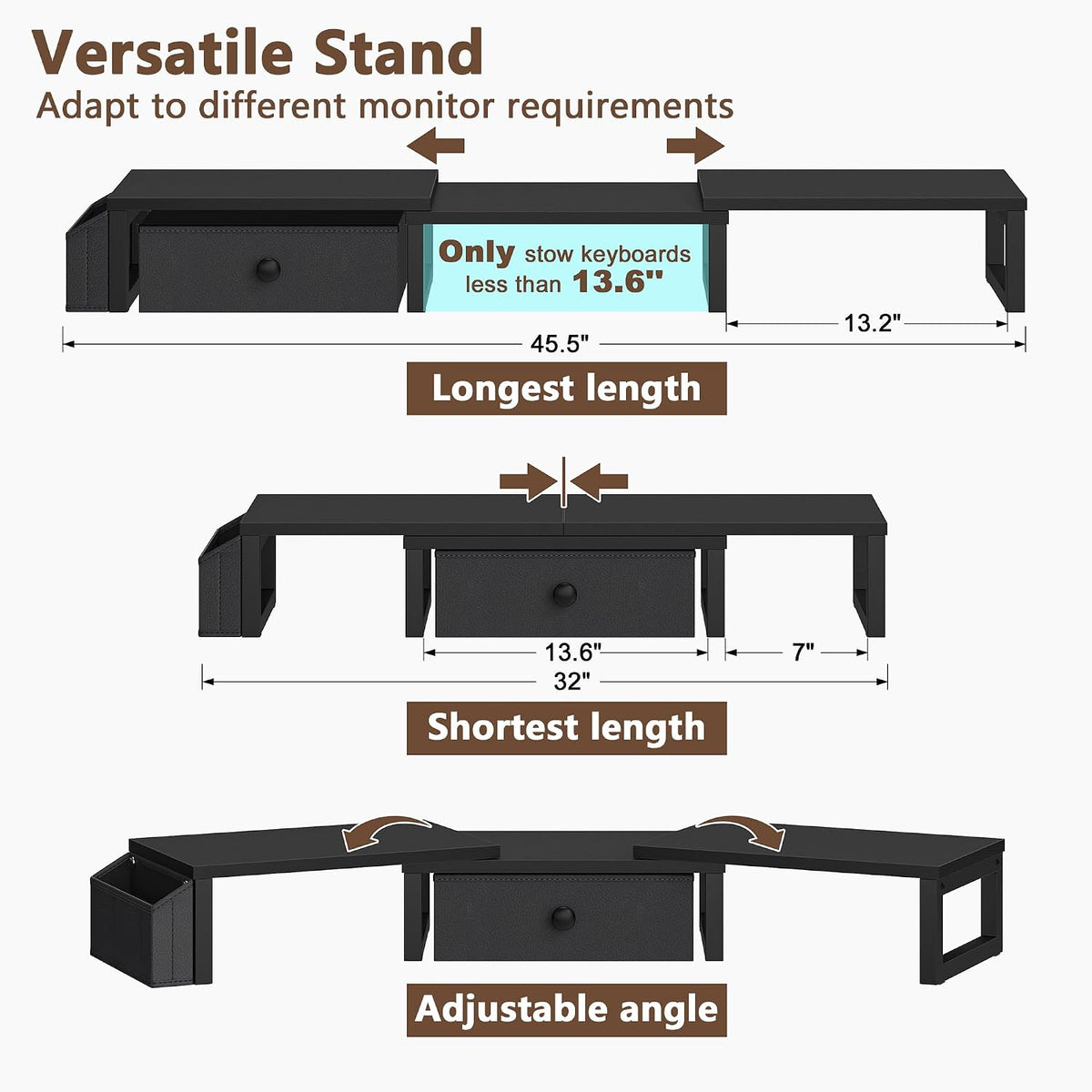 Dual Monitor Stand Riser,41.5'' Long Monitor Stand for 2 Monitors, Wood Computer Riser with Pocket, Desktop Oraganizer with Pen Holder, Monitor Riser for Desk Computer,Laptop,TV, Rustic Brown