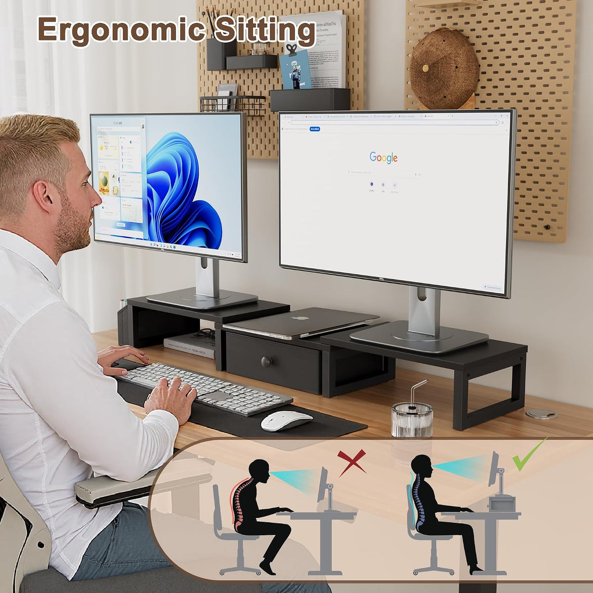 Dual Monitor Stand Riser,41.5'' Long Monitor Stand for 2 Monitors, Wood Computer Riser with Pocket, Desktop Oraganizer with Pen Holder, Monitor Riser for Desk Computer,Laptop,TV, Rustic Brown