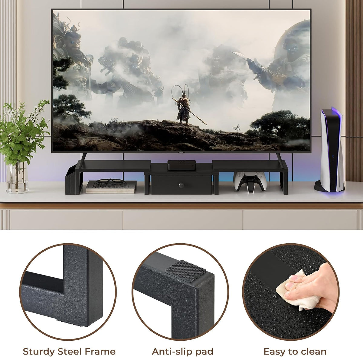 Dual Monitor Stand Riser,41.5'' Long Monitor Stand for 2 Monitors, Wood Computer Riser with Pocket, Desktop Oraganizer with Pen Holder, Monitor Riser for Desk Computer,Laptop,TV, Rustic Brown
