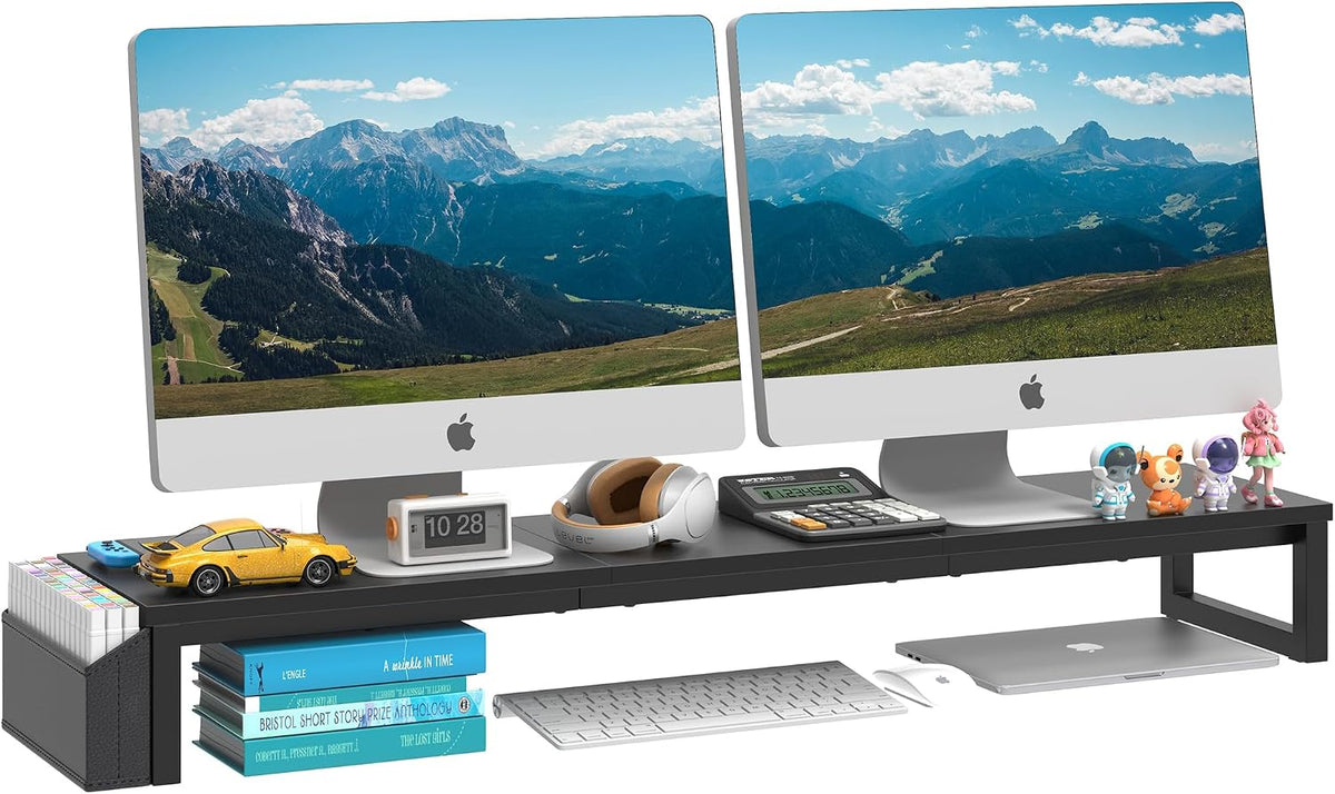 Dual Monitor Stand Riser,41.5'' Long Monitor Stand for 2 Monitors, Wood Computer Riser with Pocket, Desktop Oraganizer with Pen Holder, Monitor Riser for Desk Computer,Laptop,TV, Rustic Brown