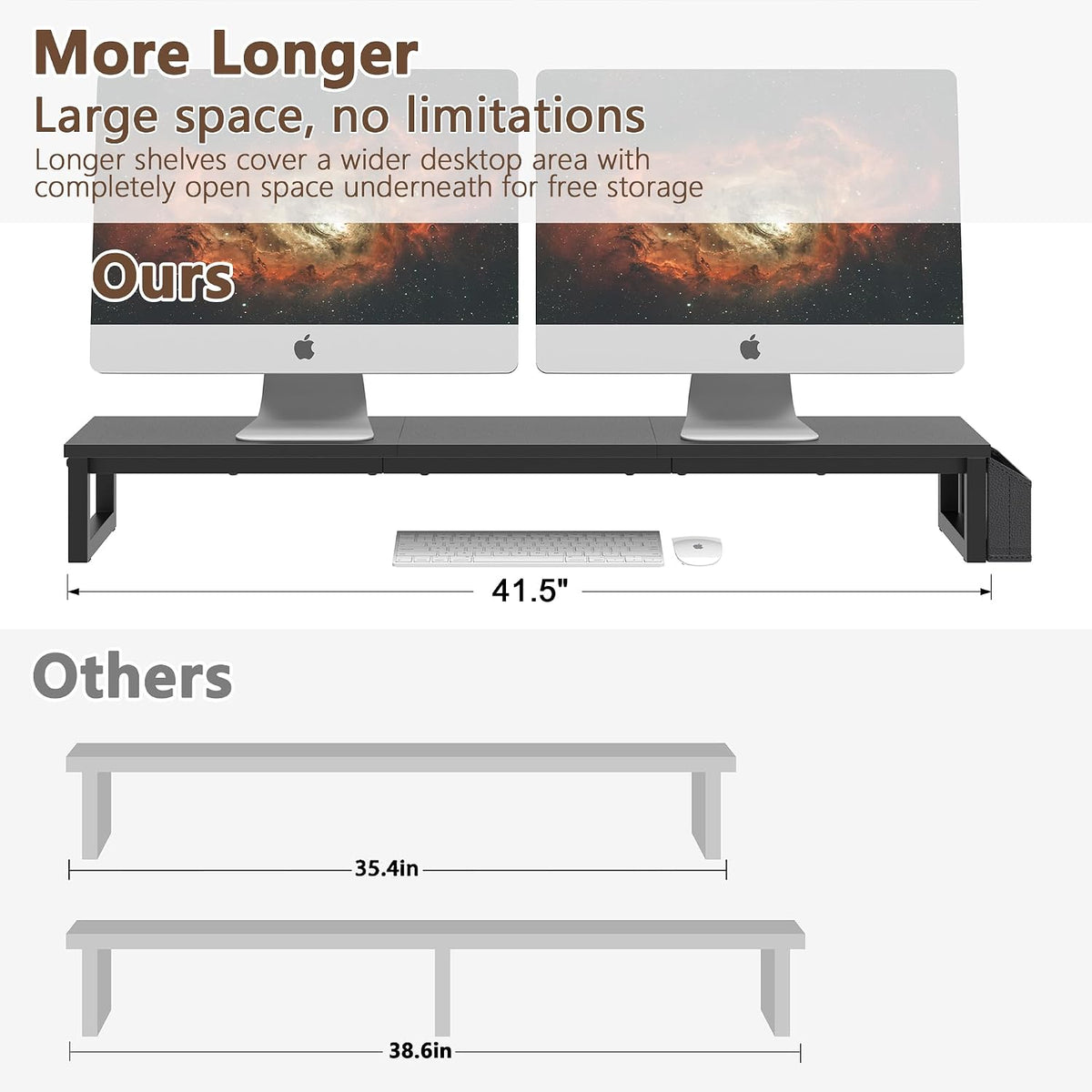 Dual Monitor Stand Riser,41.5'' Long Monitor Stand for 2 Monitors, Wood Computer Riser with Pocket, Desktop Oraganizer with Pen Holder, Monitor Riser for Desk Computer,Laptop,TV, Rustic Brown