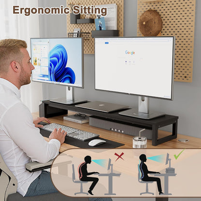 Dual Monitor Stand Riser,41.5'' Long Monitor Stand for 2 Monitors, Wood Computer Riser with Pocket, Desktop Oraganizer with Pen Holder, Monitor Riser for Desk Computer,Laptop,TV, Rustic Brown