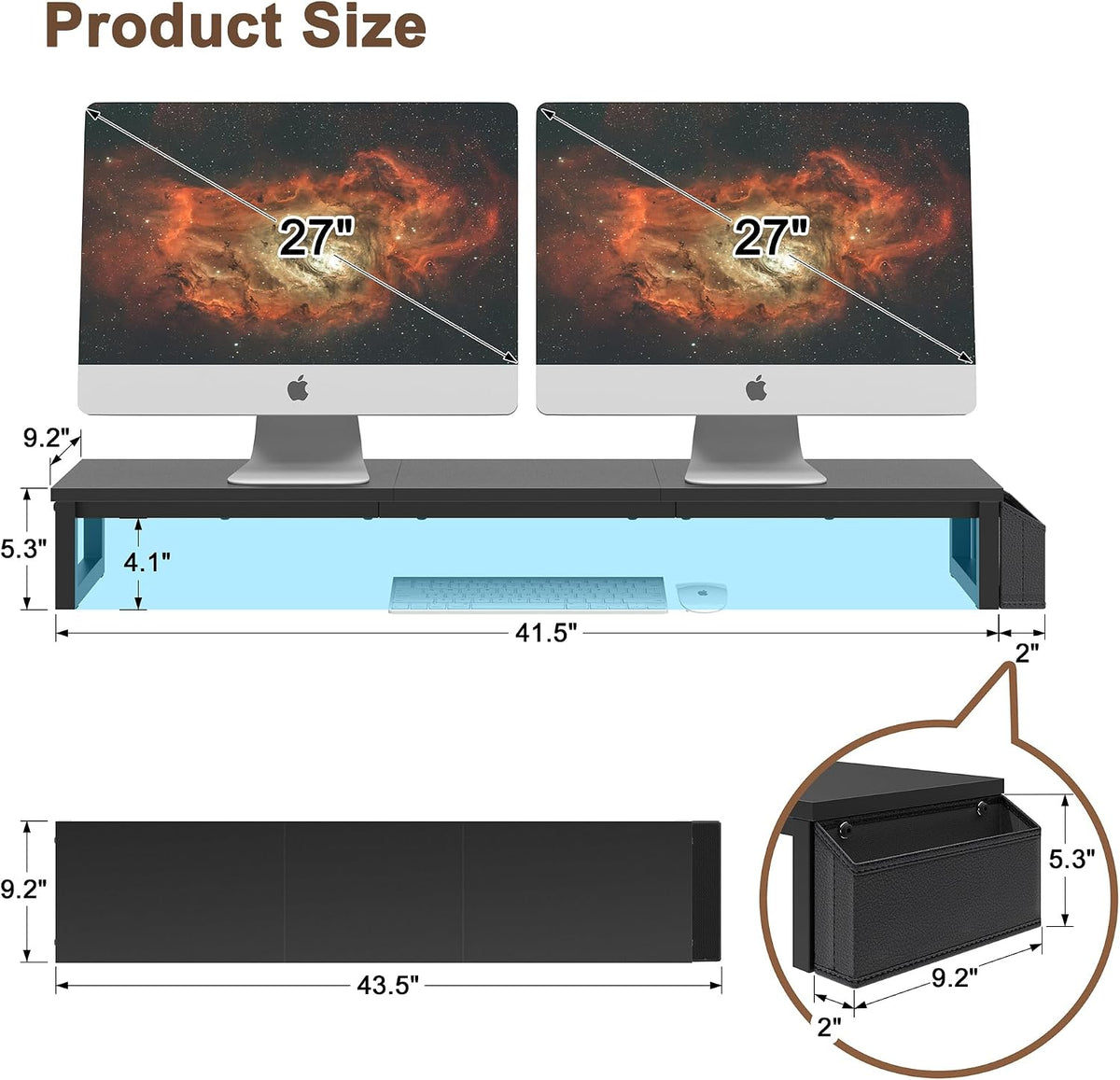 Dual Monitor Stand Riser,41.5'' Long Monitor Stand for 2 Monitors, Wood Computer Riser with Pocket, Desktop Oraganizer with Pen Holder, Monitor Riser for Desk Computer,Laptop,TV, Rustic Brown