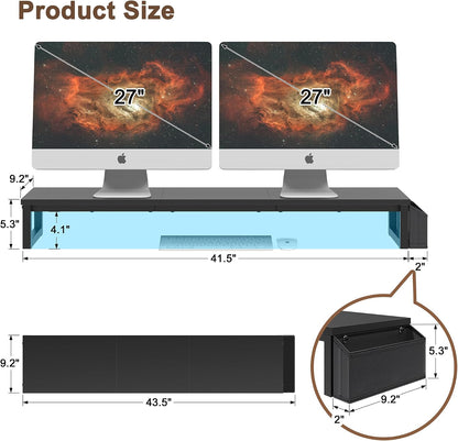Dual Monitor Stand Riser,41.5'' Long Monitor Stand for 2 Monitors, Wood Computer Riser with Pocket, Desktop Oraganizer with Pen Holder, Monitor Riser for Desk Computer,Laptop,TV, Rustic Brown