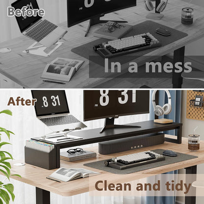 Dual Monitor Stand Riser,41.5'' Long Monitor Stand for 2 Monitors, Wood Computer Riser with Pocket, Desktop Oraganizer with Pen Holder, Monitor Riser for Desk Computer,Laptop,TV, Rustic Brown