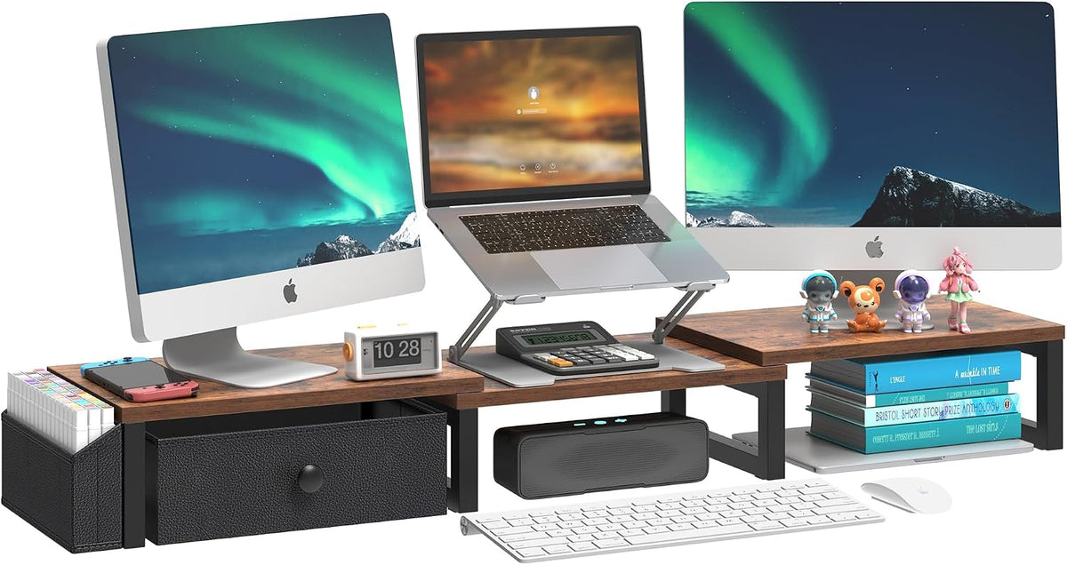 Dual Monitor Stand Riser,41.5'' Long Monitor Stand for 2 Monitors, Wood Computer Riser with Pocket, Desktop Oraganizer with Pen Holder, Monitor Riser for Desk Computer,Laptop,TV, Rustic Brown