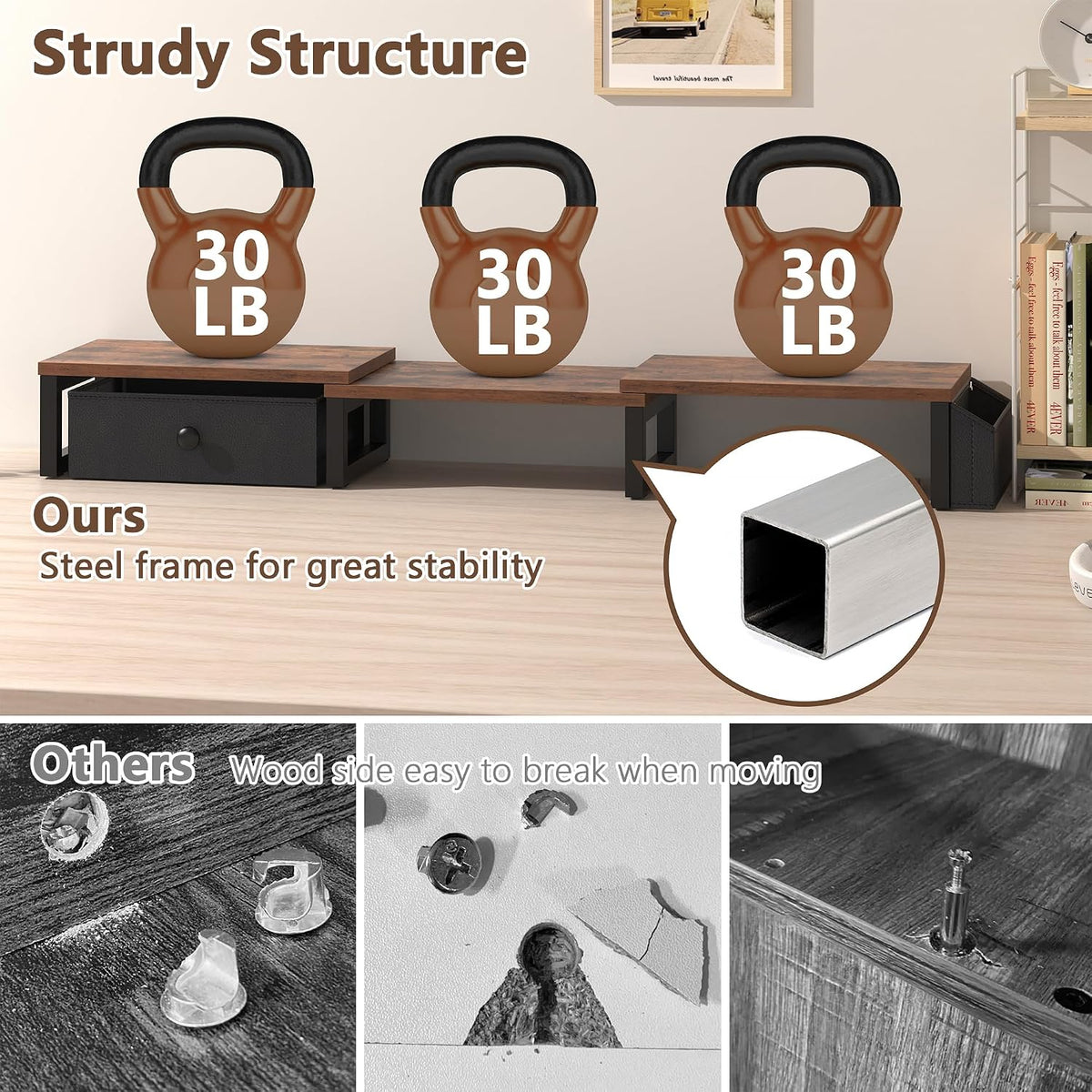 Dual Monitor Stand Riser,41.5'' Long Monitor Stand for 2 Monitors, Wood Computer Riser with Pocket, Desktop Oraganizer with Pen Holder, Monitor Riser for Desk Computer,Laptop,TV, Rustic Brown