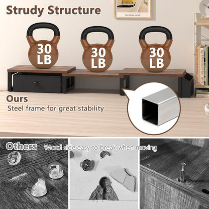 Dual Monitor Stand Riser,41.5'' Long Monitor Stand for 2 Monitors, Wood Computer Riser with Pocket, Desktop Oraganizer with Pen Holder, Monitor Riser for Desk Computer,Laptop,TV, Rustic Brown